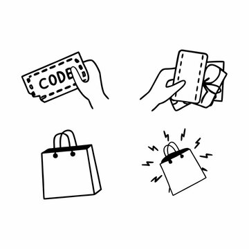 Discount, and sale line icon set., Coupon, promo code, gift card, shopping bag, flash deal minimal vector illustrations. Simple outline signs for retail offers. Blue duotone color. Editable Stroke.