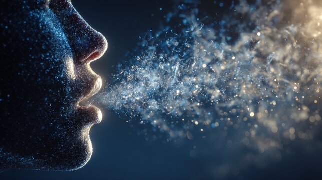 Person exhaling a mist of sparkling particles illuminated by soft light against a dark background showing breath condensation in cold air environment