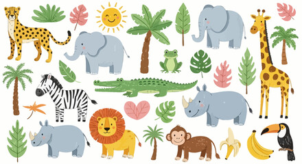 Naklejka premium safari animals and jungle animals with wild animals and tropical plants in a cute cartoon illustration for kids design on white.