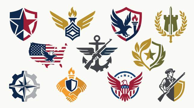 Collection of Military and Patriotic Emblems and Insignia Featuring Eagles, Shields, and Weapons.