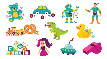 A collection of colorful cartoon toys including a teddy bear, car, robot, superhero, train, dinosaur, duck, doll, UFO, and whistle. © tr