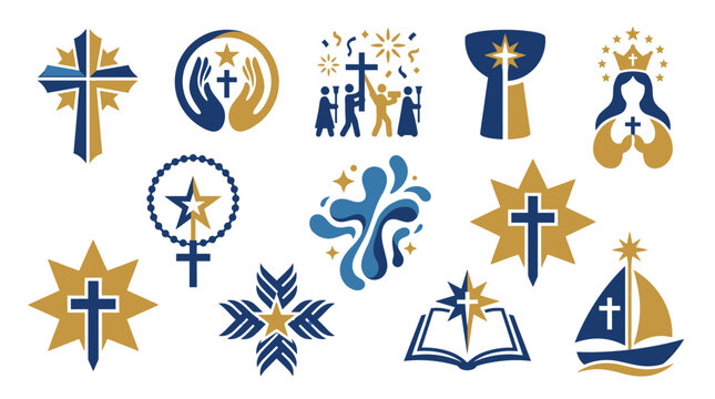 Collection of Christian religious symbols and icons in blue and gold colors, representing faith and spirituality.