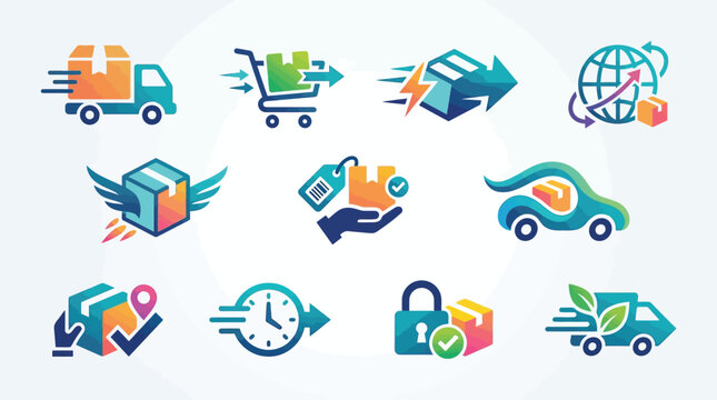 Collection of modern flat icons representing various aspects of delivery and logistics services, including trucks, cars, and packages.