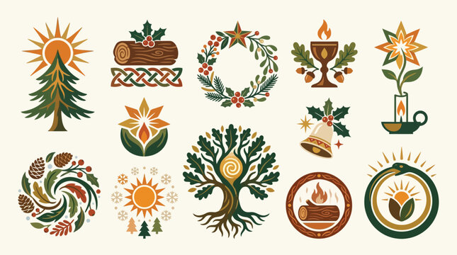 Collection of Winter Solstice and Christmas Symbols, Festive Decorations, and Nature Elements.