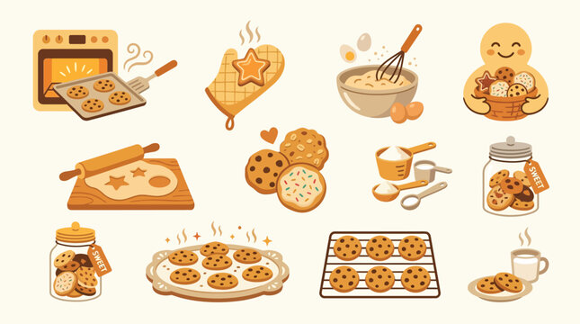 Collection of cute illustrations depicting the process of baking and enjoying delicious cookies, from preparation to serving.