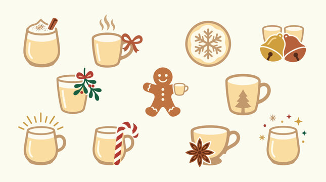 Collection of festive Christmas drinks and treats, including eggnog, gingerbread, and holiday decorations.
