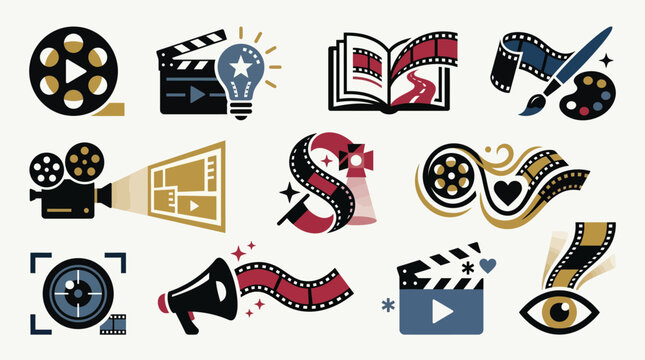 Collection of stylized icons representing filmmaking, creativity, and storytelling elements.