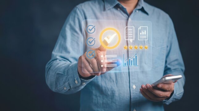 Person Interacting with Holographic Business Analytics Interface on Smartphone