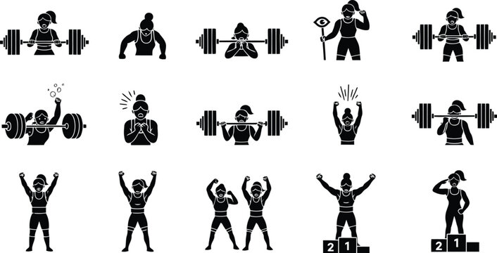 Bodybuilding and weightlifting silhouette set with athletes posing, lifting barbells and dumbbells on white background