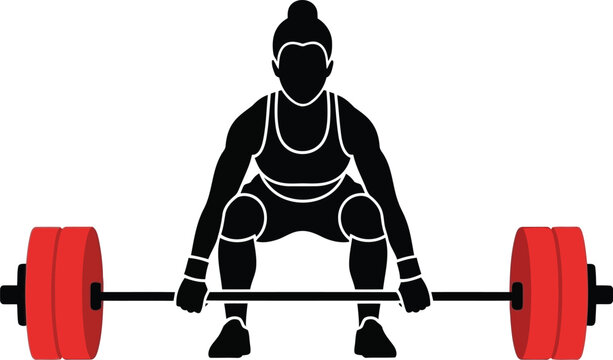 Female Weightlifter Silhouette Deadlifting Barbell with Red Plates on White Background