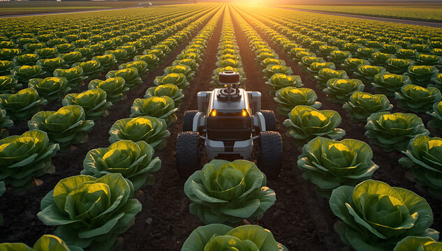 Autonomous agricultural weeding robot operating in a green lettuce crop field at sunset