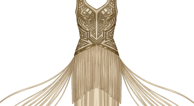 Elegant illustration of a vintage flapper dress with Art Deco design and fringe