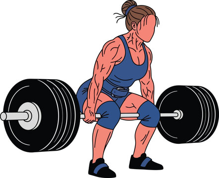 Muscular female weightlifter deadlifting heavy barbell in fitness training cartoon illustration