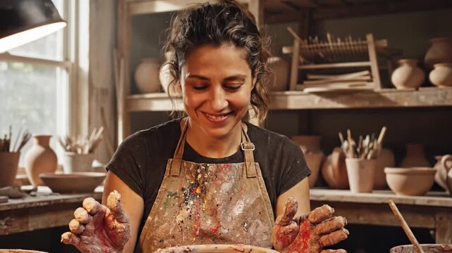 Woman hands shaping clay pot in pottery workshop