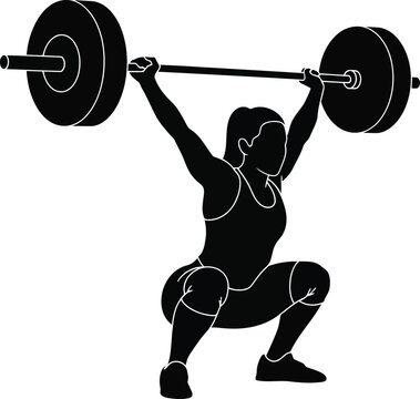 Female weightlifter silhouette performing barbell snatch overhead squat isolated on white