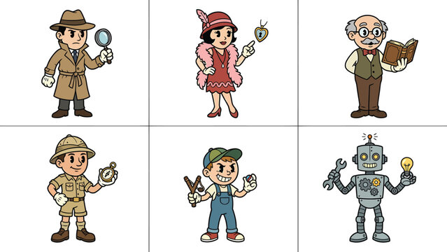 A collection of cartoon characters depicting various occupations and roles, including a detective, flapper, professor, explorer, mechanic, and robot.