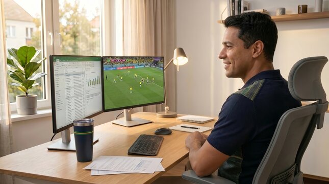 A football enthusiast watches a live soccer match while balancing productivity during a remote workday at home
