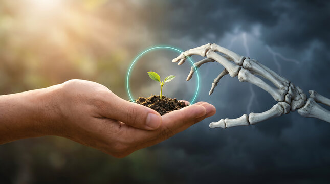 Human Hand Protecting Seedling From Skeletal Death Hand Representing Choice Between Environmental Survival and Ecological Collapse