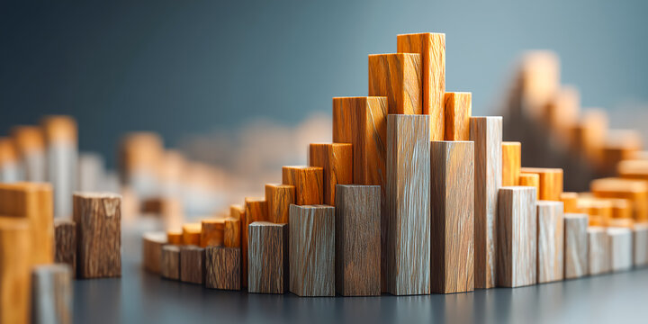 Wooden blocks arranged as exponential curve chart explaining compound interest mechanism for steady financial growth and long term investment returns