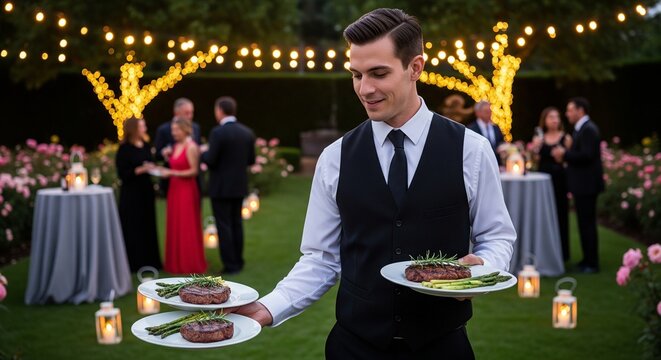 a waiter in a black vest and tie holding plates of food at an outdoor wedding reception with guests and string lights in the background at night