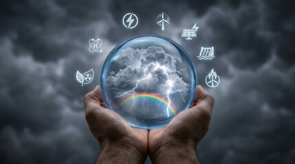 Fototapeta premium Hands Holding Crystal Sphere With Storm Lightning and Rainbow Surrounded by Renewable Energy Icons Representing Climate Solutions Advocacy