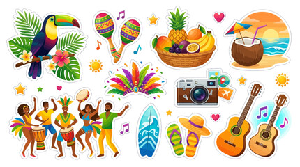 Obraz premium Vibrant tropical stickers featuring a toucan, fruits, people, and musical instruments