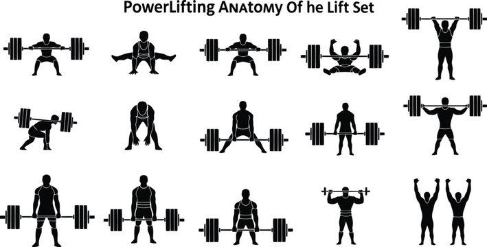 Powerlifting Anatomy of Left Set with Weightlifting Silhouettes Isolated on White Background