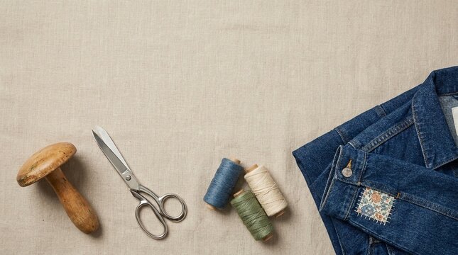 Craft background with sewing accessories and repaired denim jacket on fabric.