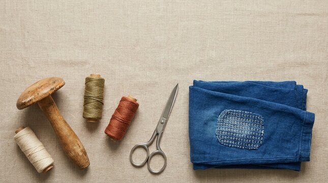 Top view of mending essentials and patched denim jacket with copy space.