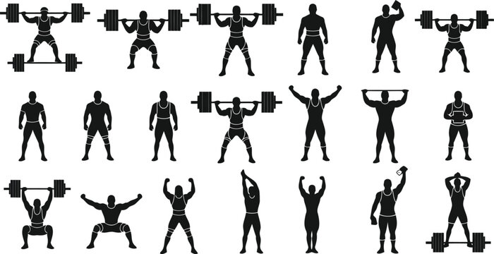 Set of black weightlifting and bodybuilding silhouettes isolated on white background with various gym exercise poses