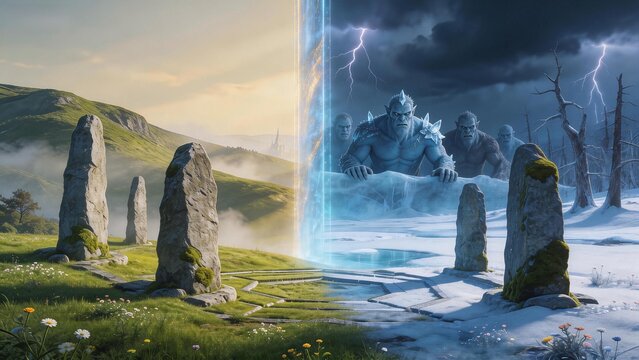 Mythical creatures behind stone pillars