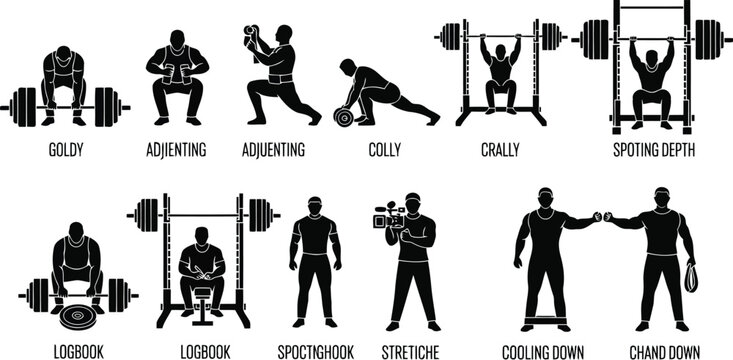 Fitness exercise silhouette icons set with gym workout poses and weightlifting training illustrations