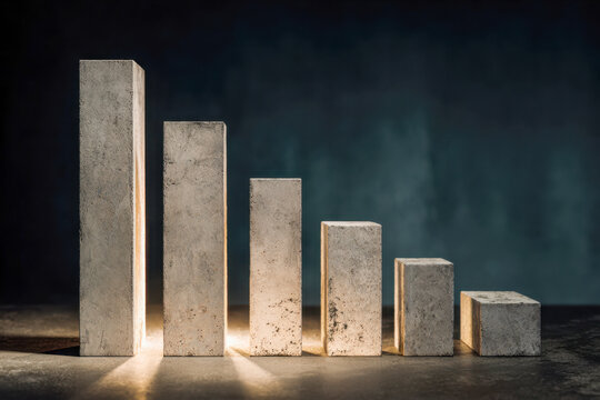 Concrete blocks arranged in descending order on dark surface symbolizing declining progress or decrease in industrial growth and stability concept