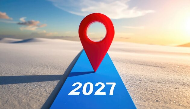Red Location Pin Marking 2027 on Blue Path in Sunlit Desert Landscape