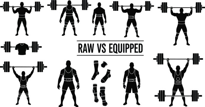 Raw vs Equipped Powerlifting Silhouette Set with Barbell and Weightlifting Poses