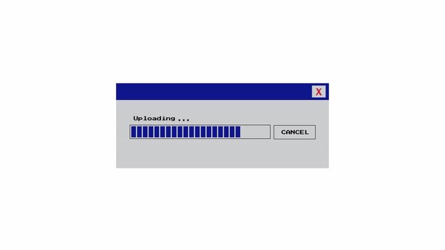Pixel Art Window and 90s Nostalgia retro Uploading Dialog Box , Blue Progress Bar Animation 4k in transparent background.