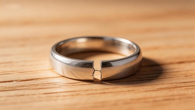 Broken silver ring on wooden surface