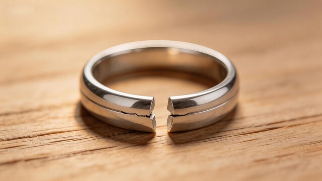 Broken silver ring on wooden surface