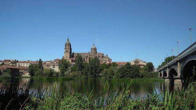 The impressive silhouette of Salamanca in Spain, right on the banks of the Tormes River