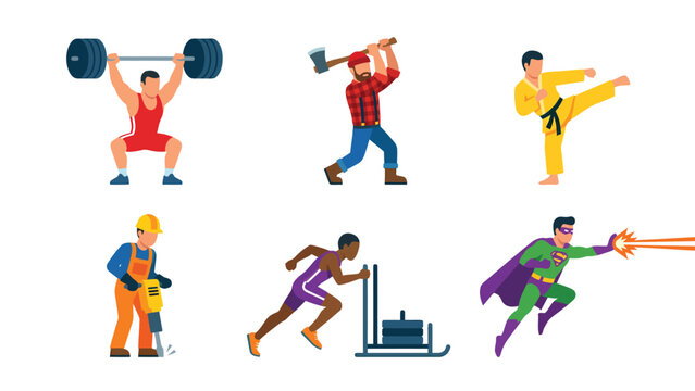 Set of six strong men performing various activities including weightlifting, karate, and construction work.