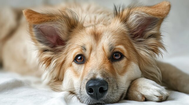 Adorable golden mixed breed dog lying down with expressive eyes and fluffy ears resting on a soft white surface in a cozy indoor setting