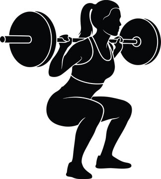 Female athlete performing barbell back squat silhouette, strength training workout exercise isolated on white