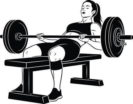 Black and White Illustration of Woman Performing Barbell Hip Thrust on Bench for Strength Training