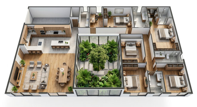 High-angle 3D architectural rendering of a luxurious modern apartment floor plan, showcasing an innovative central green courtyard, spacious living areas, and sophisticated interior design