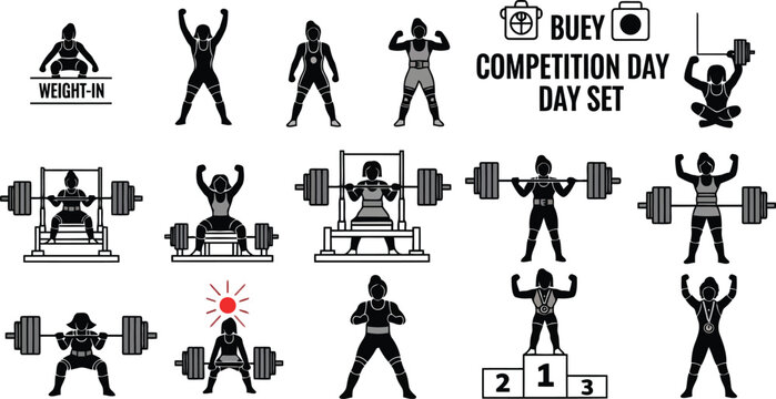 Fitness and weightlifting silhouette icon set with bodybuilder poses, gym training, competition day and workout exercises