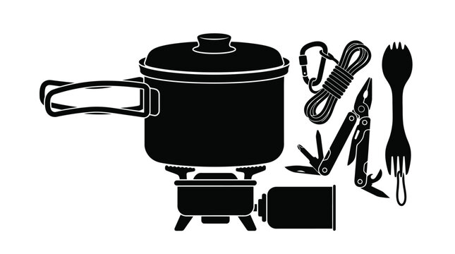 High contrast black and white graphic illustration showing essential outdoor camping gear including a cooking pot stove multi tool carabiner rope and a spork utensil set