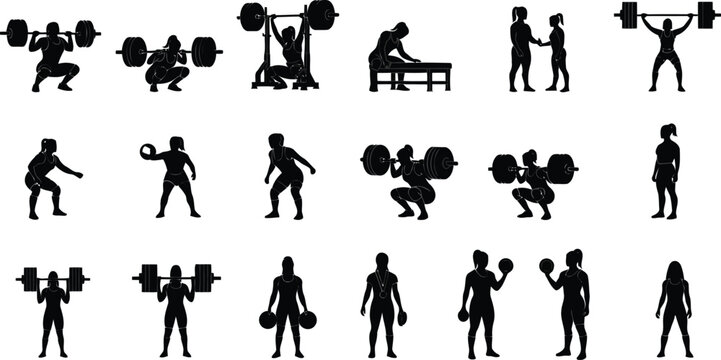 Fitness and weightlifting silhouette set with athletes, gym exercises and strength training poses isolated on white