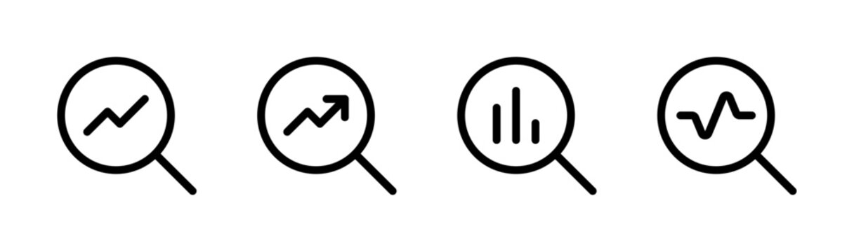 Data analysis icons. Set of data analytics vector icons with editable stroke. Magnifying glass with data charts and graphs. Flat style icons for data analysis, engagement, analytics, diagnostics.
