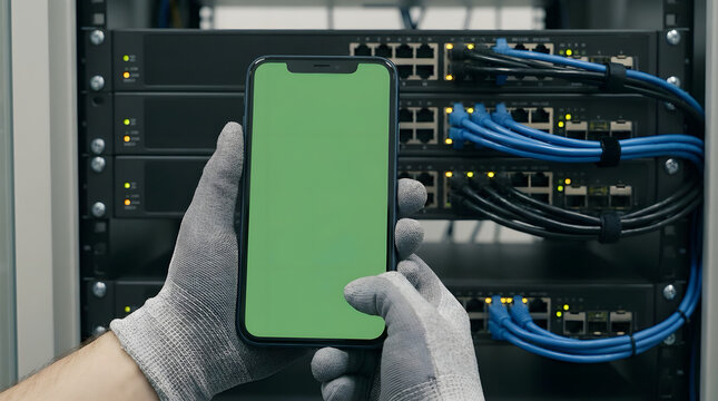Person in gloves holding green screen smartphone in front of server rack with cables data center server room chroma key it support