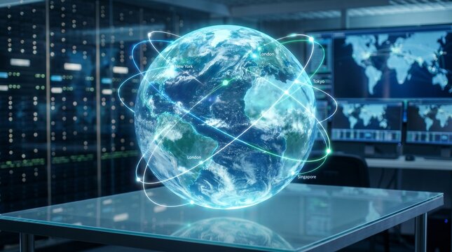 Floating holographic globe with interconnected digital communication lines inside a modern data center, symbolizing artificial intelligence, cloud computing, and global connectivity technology.